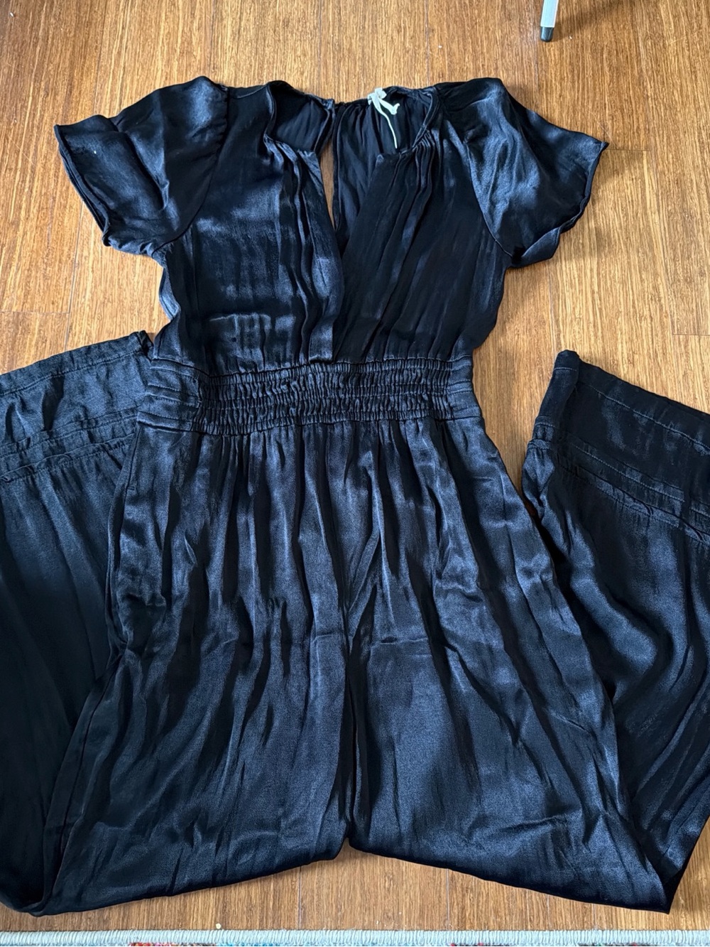 Anthropologie Black Satin Smocked-Waist Jumpsuit